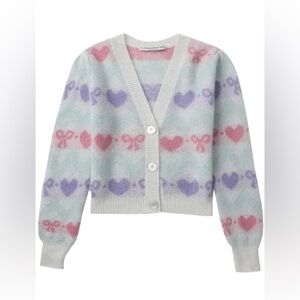 ALESSANDRA RICH Pastel Heart Bow Patterned Intarsia-Knit Cardigan Size 46 NWT